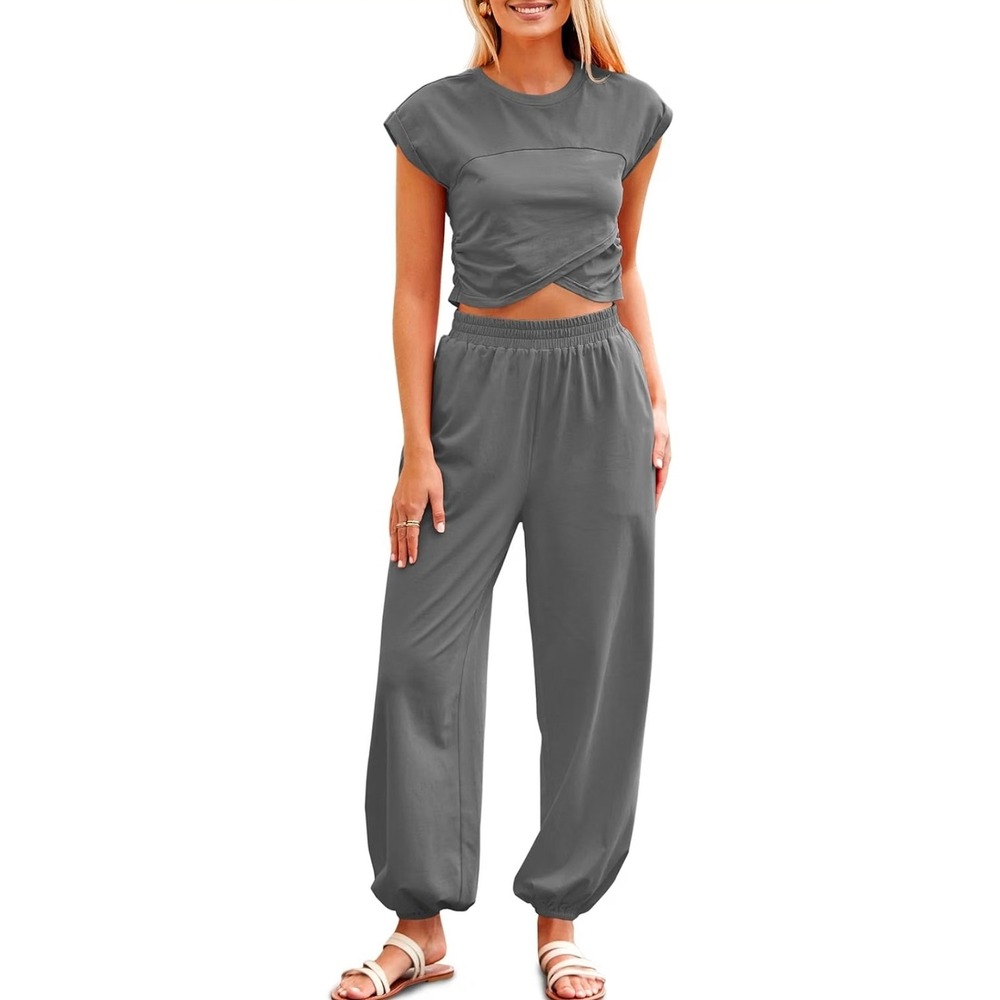 Womens 2 Piece Lounge Set Crop Top Jogger Pants Charcoal Medium NWT